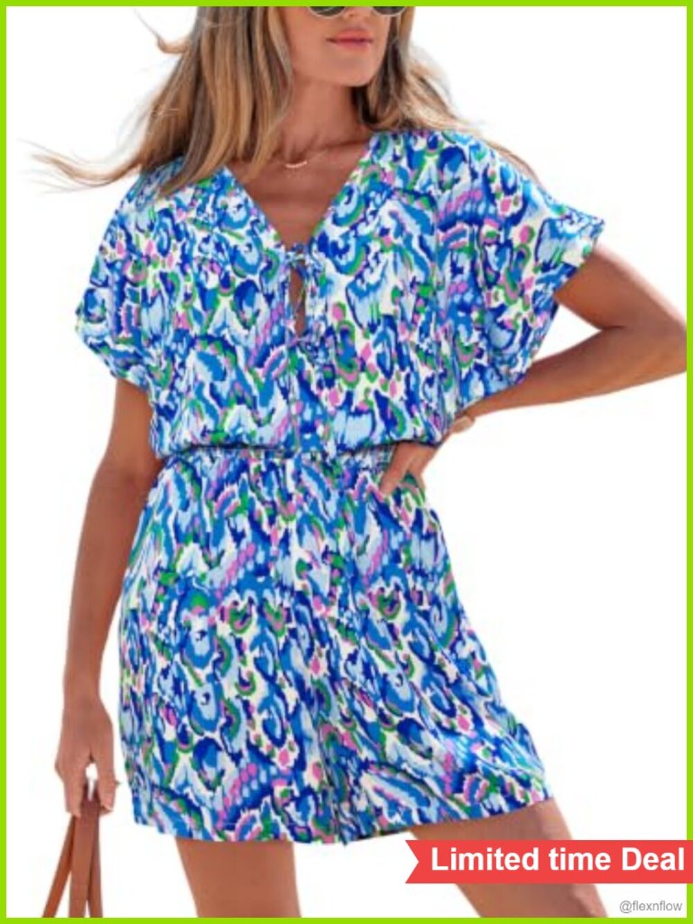 Womens Romper Plunge V Neck Tie Front Smocked Elastic Waist Short Sleeve Wide